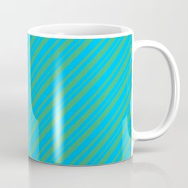 [ Thumbnail: Deep Sky Blue & Sea Green Colored Stripes Pattern Coffee Mug ]