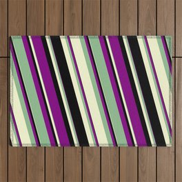 [ Thumbnail: Purple, Dark Sea Green, Light Yellow & Black Colored Lines/Stripes Pattern Outdoor Rug ]
