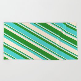 [ Thumbnail: Forest Green, Turquoise & Beige Colored Striped Pattern Beach Towel ]