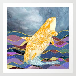 You Jump I Jump Abstract Orange Floral Whale (D096) Art Print
