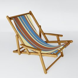 [ Thumbnail: Blue, Pale Goldenrod, and Sienna Colored Stripes/Lines Pattern Sling Chair ]