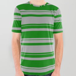 [ Thumbnail: Dark Gray and Green Colored Striped Pattern All Over Graphic Tee ]