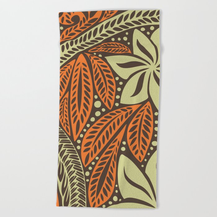 Cream orange retro colored Polynesian floral tattoo design Beach Towel