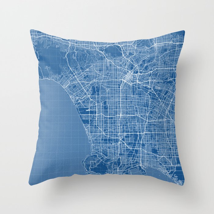 Los Angeles City Map of California, USA - Blueprint Throw Pillow