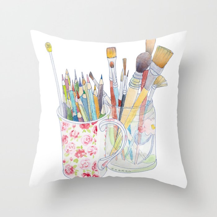 Art Tools: pencils and brushes (ink & watercolour) Throw Pillow