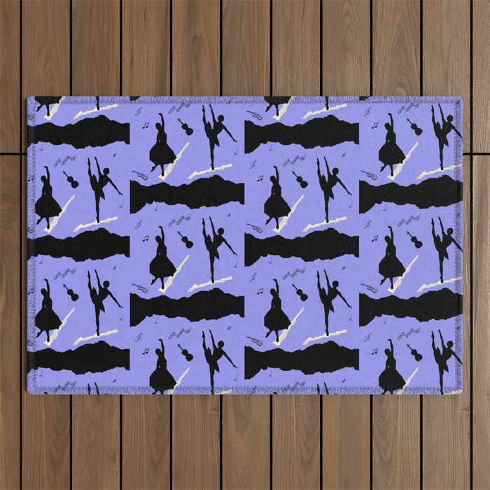 Two ballerina figures in black on blue paper Outdoor Rug