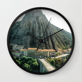 Mountain landscape with houses, water and bridge | Nature & travel photograph in Sisteron, France, South Europe (vintage, pastel color) Wall Clock