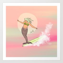 Surfing Mermaid | Sunrise Illustration Art Print