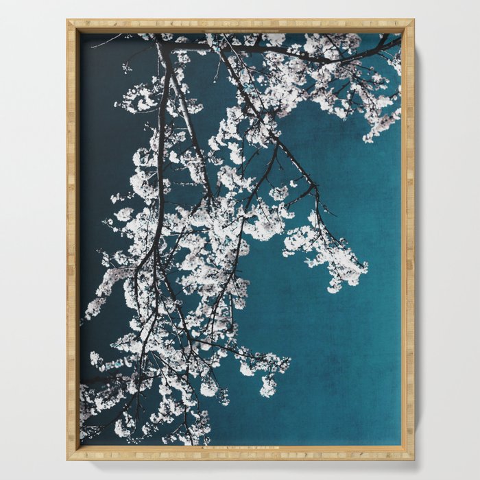 White Blossoms Tree Print - Flowers in Teal - Elegant Floral -  Japanese Nature photography Serving Tray