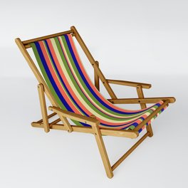 [ Thumbnail: Pale Goldenrod, Green, Dark Blue & Red Colored Stripes/Lines Pattern Sling Chair ]