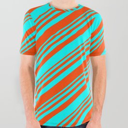 [ Thumbnail: Red & Cyan Colored Lined/Striped Pattern All Over Graphic Tee ]