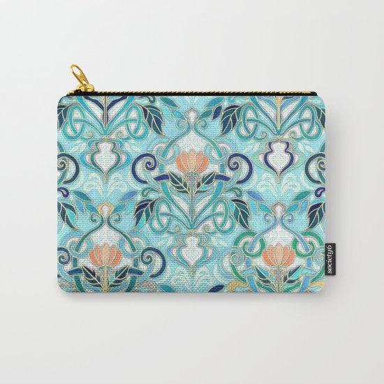 Ocean Aqua Art Nouveau Pattern with Peach Flowers Carry-All Pouch
