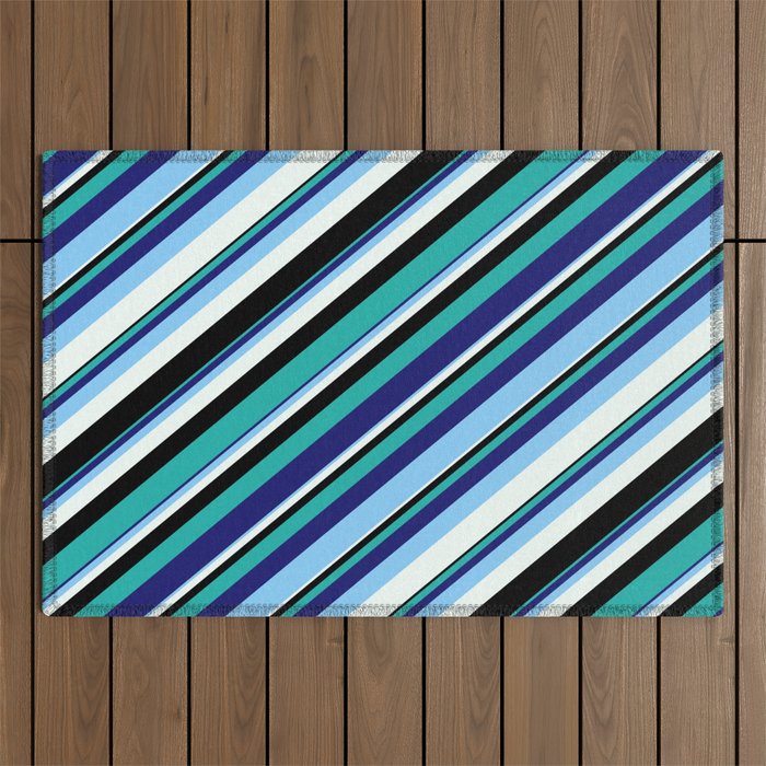 Colorful Light Sea Green, Midnight Blue, Light Sky Blue, Mint Cream & Black Colored Stripes Pattern Outdoor Rug