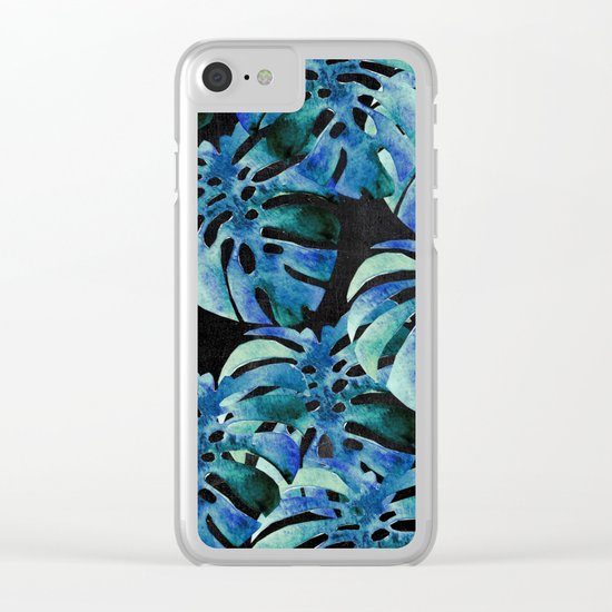 Monstera Pattern Blue On Chalkboard Clear iPhone Case