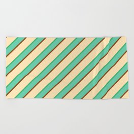 [ Thumbnail: Beige, Sea Green, Aquamarine & Brown Colored Lines Pattern Beach Towel ]
