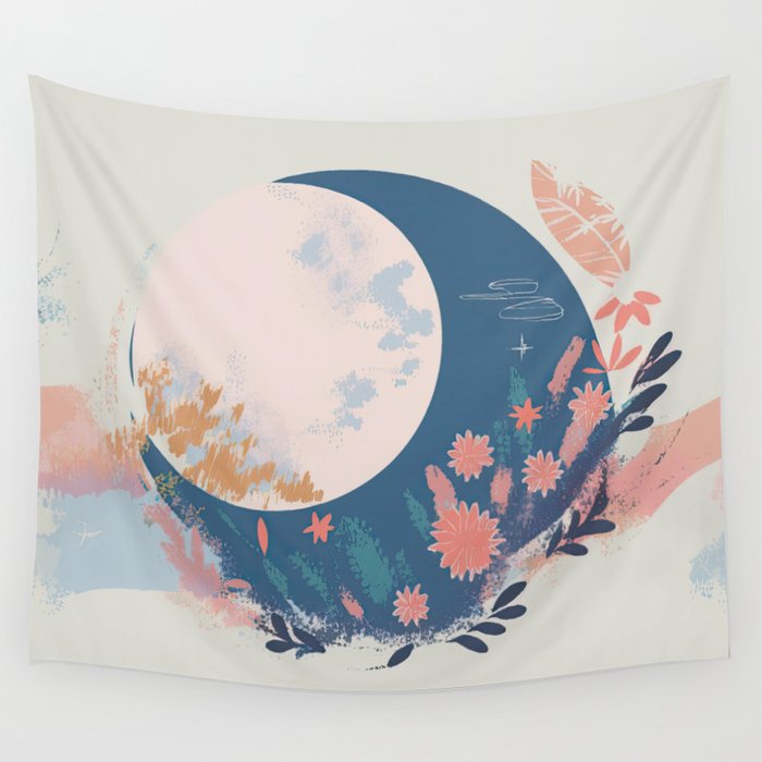 Under A Harvest Moon - Moon Gardens Series - Minimalist Flower Garden Under the Moonlight Wall Tapestry