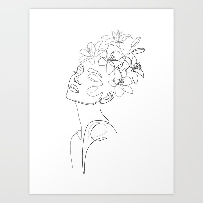 Lily Beauty / Floral girl portrait drawing Art Print