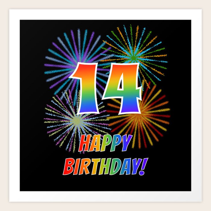 14th Birthday 14 Happy Birthday W Rainbow Spectrum Colors Fun Fireworks Inspired Pattern Art Print By Aponx