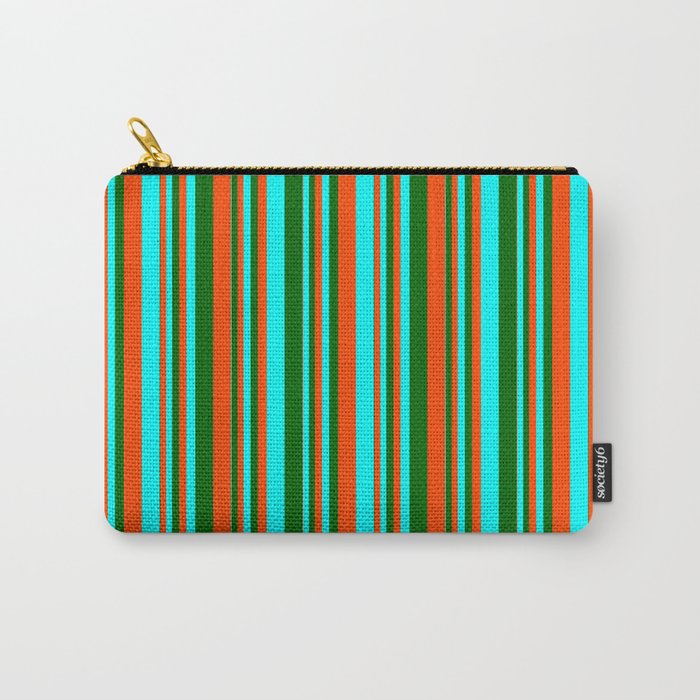 Red, Cyan, and Dark Green Colored Lined/Striped Pattern Carry-All Pouch