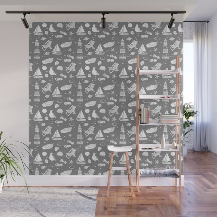 Grey And White Summer Beach Elements Pattern Wall Mural