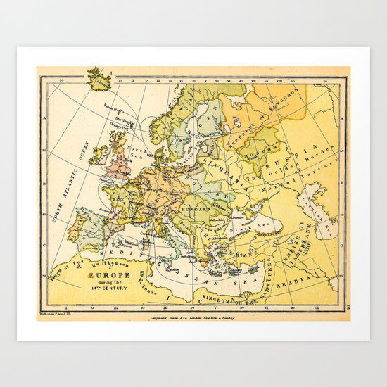 Europe During The 14th Century - Vintage Map Art Print