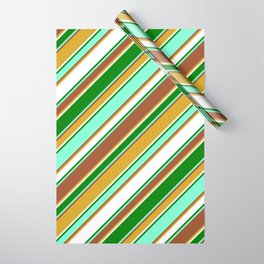 [ Thumbnail: Vibrant Aquamarine, Sienna, Goldenrod, White & Green Colored Lines/Stripes Pattern Wrapping Paper ]