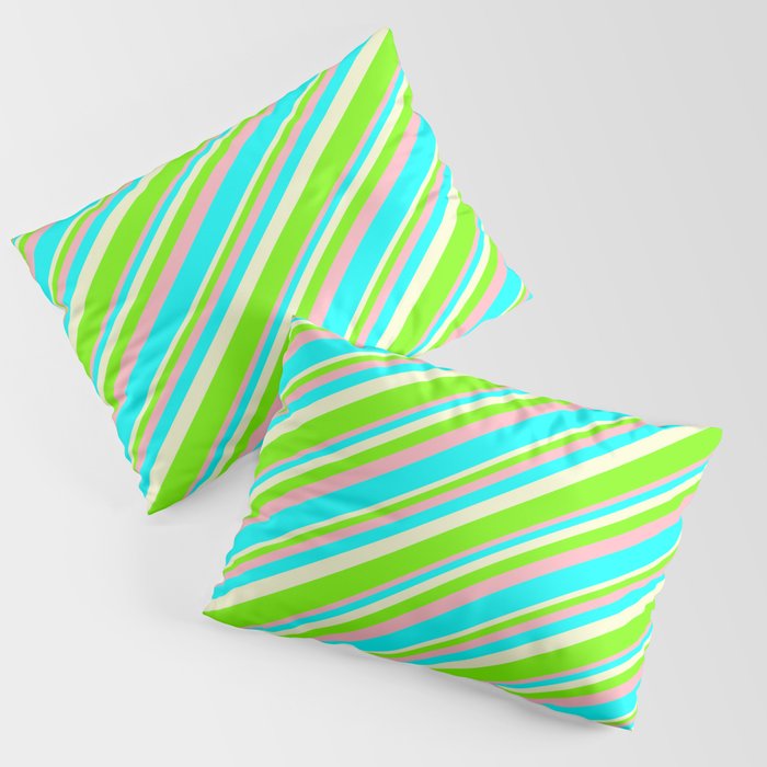 Light Yellow, Green, Light Pink, and Cyan Colored Striped/Lined Pattern Pillow Sham