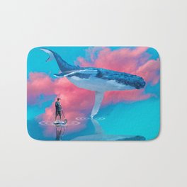 A Whale of a Time Bath Mat | Pink, Whakes, Refections, Bright, Paddleboarder, Fantasy, Humpback, Paddling, Photo, Clouds 