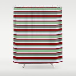 [ Thumbnail: Dim Gray, Dark Sea Green, Lavender & Maroon Colored Stripes/Lines Pattern Shower Curtain ]