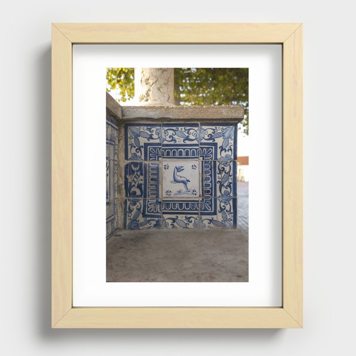 Blue azulejos on a bench in Alfama, Lisbon, Portugal - summer street and travel photography Recessed Framed Print