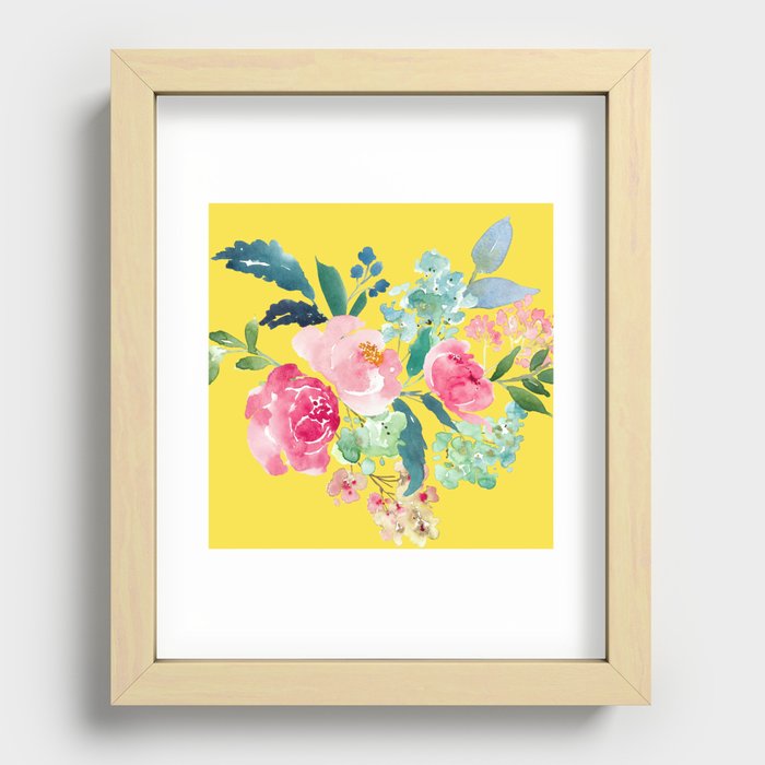 Yellow Watercolor Floral Pink Peonies Recessed Framed Print