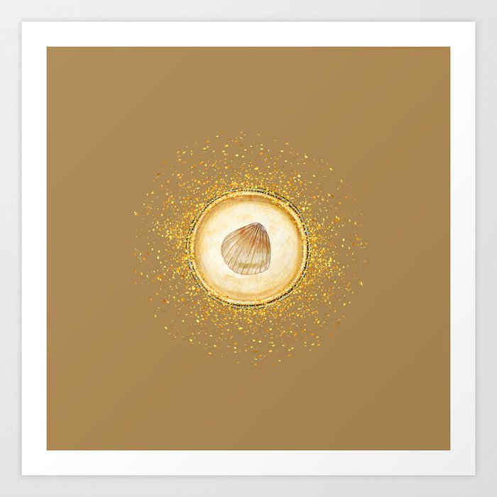 Watercolor Seashell Gold Circle Pendant on Gold Brown Art Print