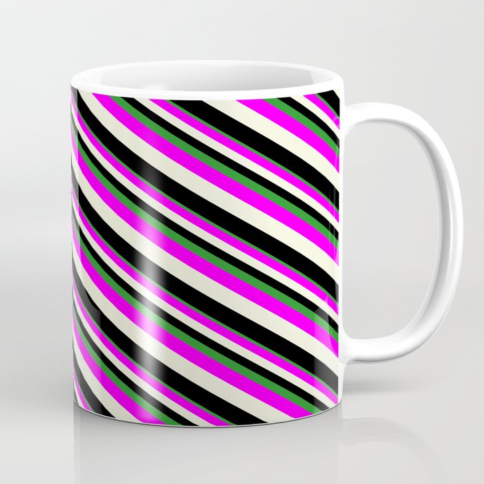 Forest Green, Fuchsia, Beige, and Black Colored Lined/Striped Pattern Coffee Mug
