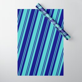 [ Thumbnail: Blue & Turquoise Colored Pattern of Stripes Wrapping Paper ]