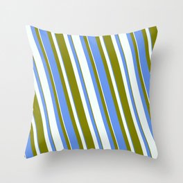 [ Thumbnail: Mint Cream, Green & Cornflower Blue Colored Striped/Lined Pattern Throw Pillow ]
