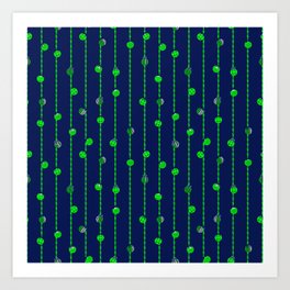 Vibrant Christmas Baubles and Tinsel in Green on Navy Art Print
