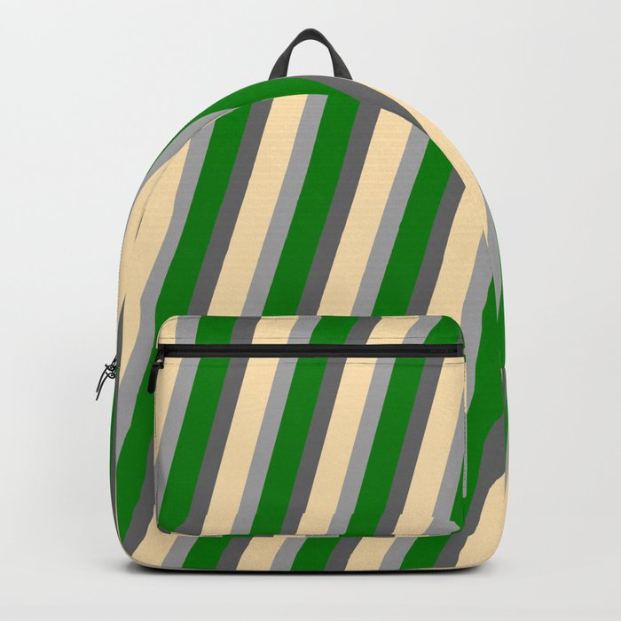 Dim Grey, Beige, Dark Gray, and Green Colored Lines/Stripes Pattern Backpack