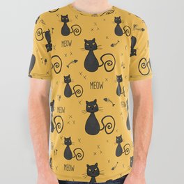 Bossy black cat and fish bones pattern All Over Graphic Tee