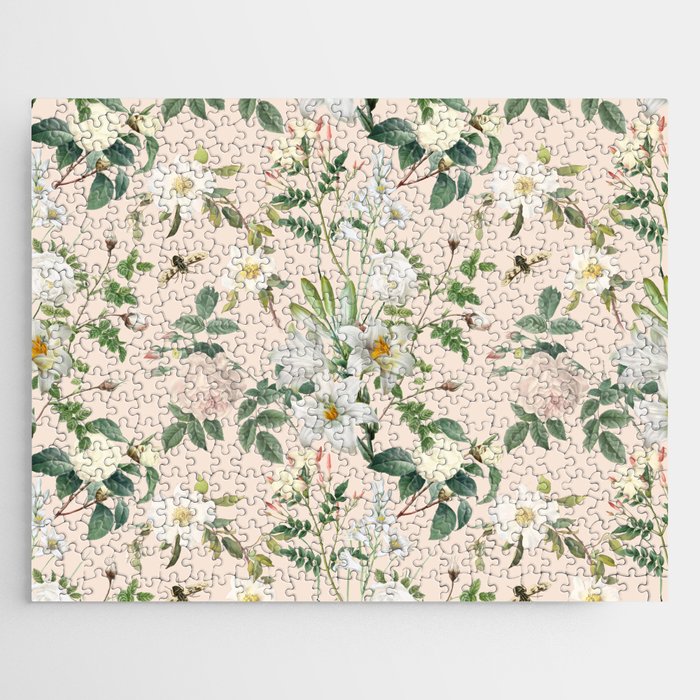 White Flowers Garden - Vintage Botanical Illustration collage at light pastel peach color   Jigsaw Puzzle