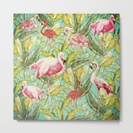 Aloha- Tropical Flamingo Bird and Palm Leaves Garden by #UtArt Metal Print