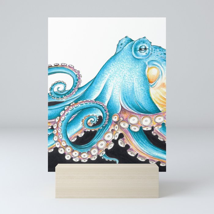 Blue Octopus Tentacles on White Nautical Marine Ink Art Mini Art Print