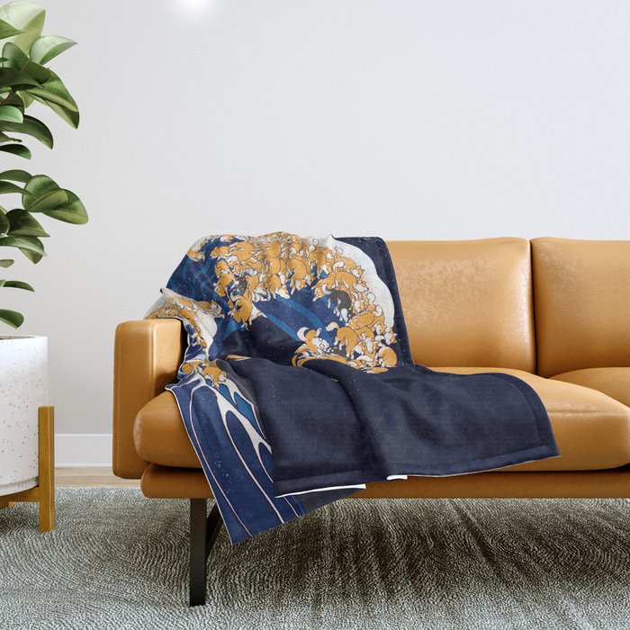 Shiba Inu The Great Wave in Night Throw Blanket by Big Nose Work Society6
