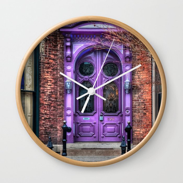 Purple Doorway, Brick Brownstone Wall Clock