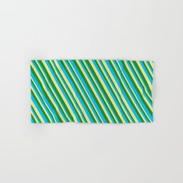 [ Thumbnail: Deep Sky Blue, Tan & Forest Green Colored Striped Pattern Hand & Bath Towel ]
