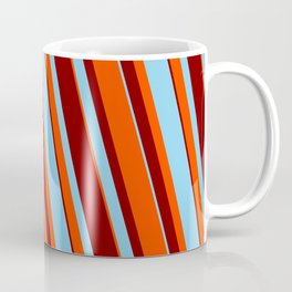 [ Thumbnail: Sky Blue, Red, and Maroon Colored Pattern of Stripes Coffee Mug ]