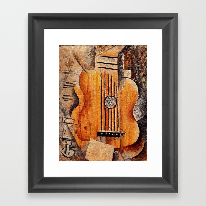 Pablo Picasso - Guitar, I love Eva cubist, cubism still life musical portrait painting Framed Art Print