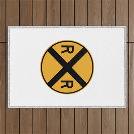 RAILROAD SIGN. Circular Yellow and Black with crossing sign. Outdoor Rug