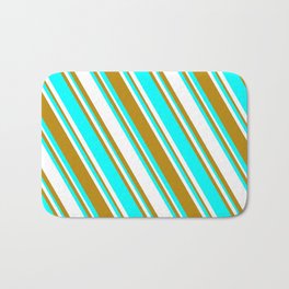 [ Thumbnail: White, Dark Goldenrod, and Aqua Colored Striped Pattern Bath Mat ]