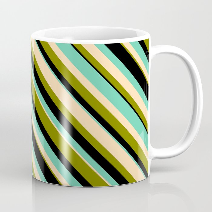 Aquamarine, Tan, Green, and Black Colored Striped Pattern Coffee Mug