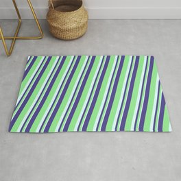 [ Thumbnail: Dark Slate Blue, Light Green & Light Cyan Colored Lined Pattern Rug ]